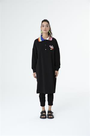 Kadın Yaka Renk Geçişli Uzun Sweat Tunik Siyah