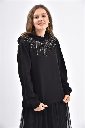 Kadın Yaka Taşlı İki İp Elbise Siyah