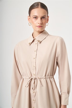 Kadın Yaka Trok Poplin Gömlek Beige