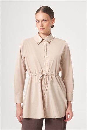 Kadın Yaka Trok Poplin Gömlek Beige