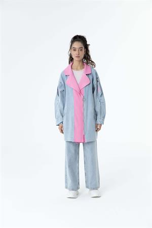 Kadın Yakalı İç Pembe Detay Jean Ceket Kar Yıkama