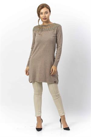 Kadın Yakası İnci Detaylı Tunik Beige