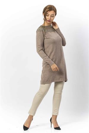 Kadın Yakası İnci Detaylı Tunik Beige