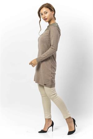 Kadın Yakası İnci Detaylı Tunik Beige