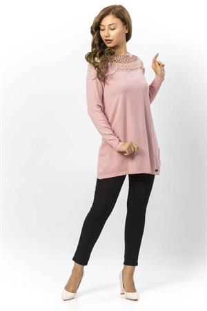 Kadın Yakası İnci Detaylı Tunik PEMBE