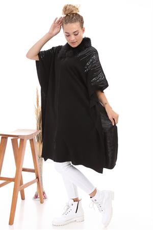 Kadın Yakası Kürk Detaylı Fermuarlı Panço Siyah