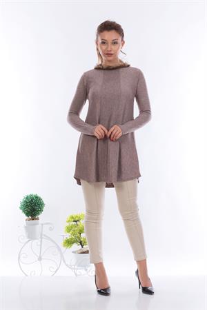 Kadın Yakası Kürk Detaylı Tunik Beige