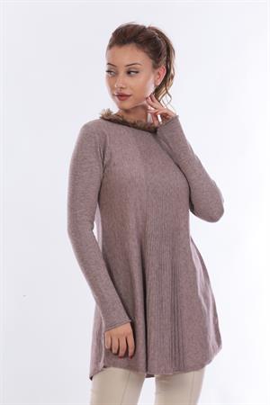 Kadın Yakası Kürk Detaylı Tunik Beige