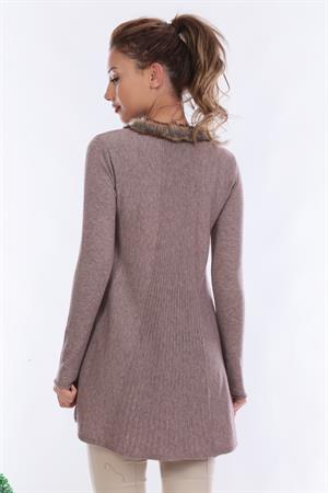 Kadın Yakası Kürk Detaylı Tunik Beige