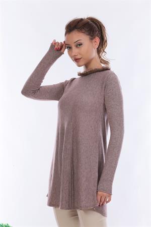 Kadın Yakası Kürk Detaylı Tunik Beige