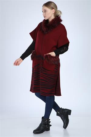 Kadın Yakası Kürk Detaylı Zebra Hırka Bordo