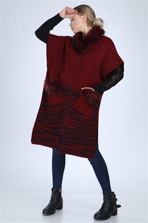 Kadın Yakası Kürk Detaylı Zebra Hırka Bordo