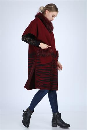 Kadın Yakası Kürk Detaylı Zebra Hırka Bordo