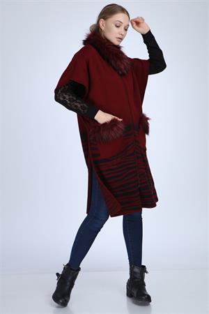 Kadın Yakası Kürk Detaylı Zebra Hırka Bordo