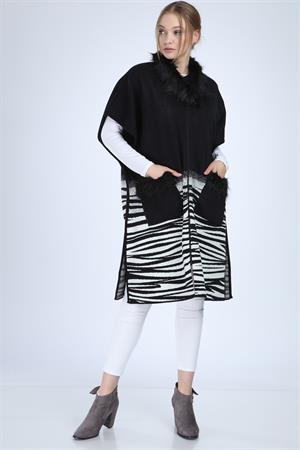 Kadın Yakası Kürk Detaylı Zebra Hırka Siyah