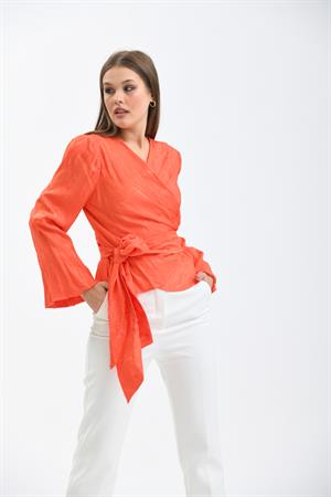Kadın Yakma Saten Bluz Orange