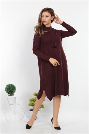 Kadın Yanları Cepli Uzun Triko BORDO