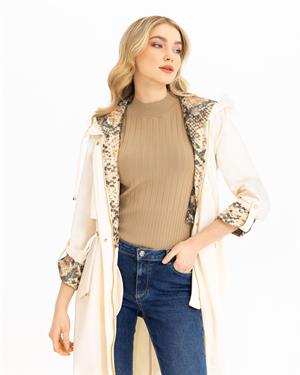 Kadın Yılan Derisi Desenli Fermuarlı Trençkot Beige