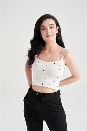 Kadın Yıldız Baskılı Crop Büstiyer Beyaz