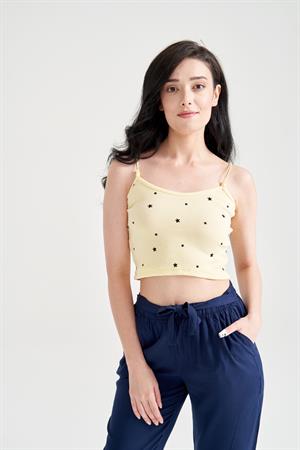 Kadın Yıldız Baskılı Crop Büstiyer Sarı