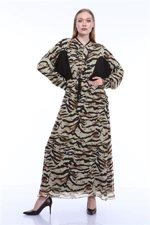 Kadın Zebra Desen Elbise Beige