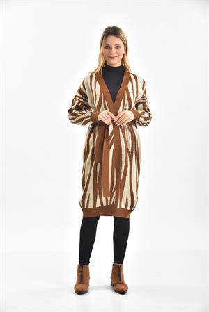 Kadın Zebra Desen Hırka Deve Tüyü