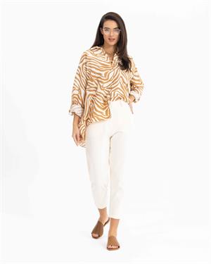Kadın Zebra Desenli Uzun Kollu Gömlek Beige