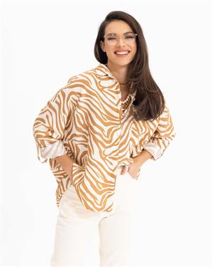 Kadın Zebra Desenli Uzun Kollu Gömlek Beige