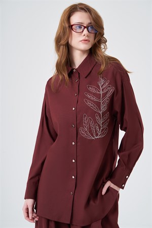 Kadın Zincir İşleme Tencel Keten Takım Bordo