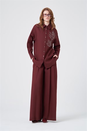 Kadın Zincir İşleme Tencel Keten Takım Bordo