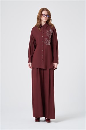 Kadın Zincir İşleme Tencel Keten Takım Bordo
