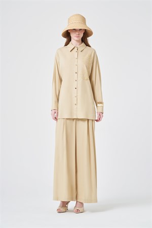 Kadın Zincir İşleme Tencel Keten Takım Beige