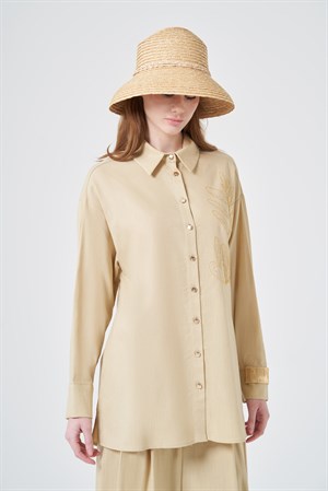 Kadın Zincir İşleme Tencel Keten Takım Beige