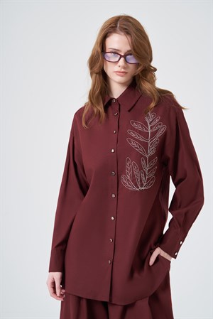 Kadın Zincir İşleme Tencel Keten Takım Bordo