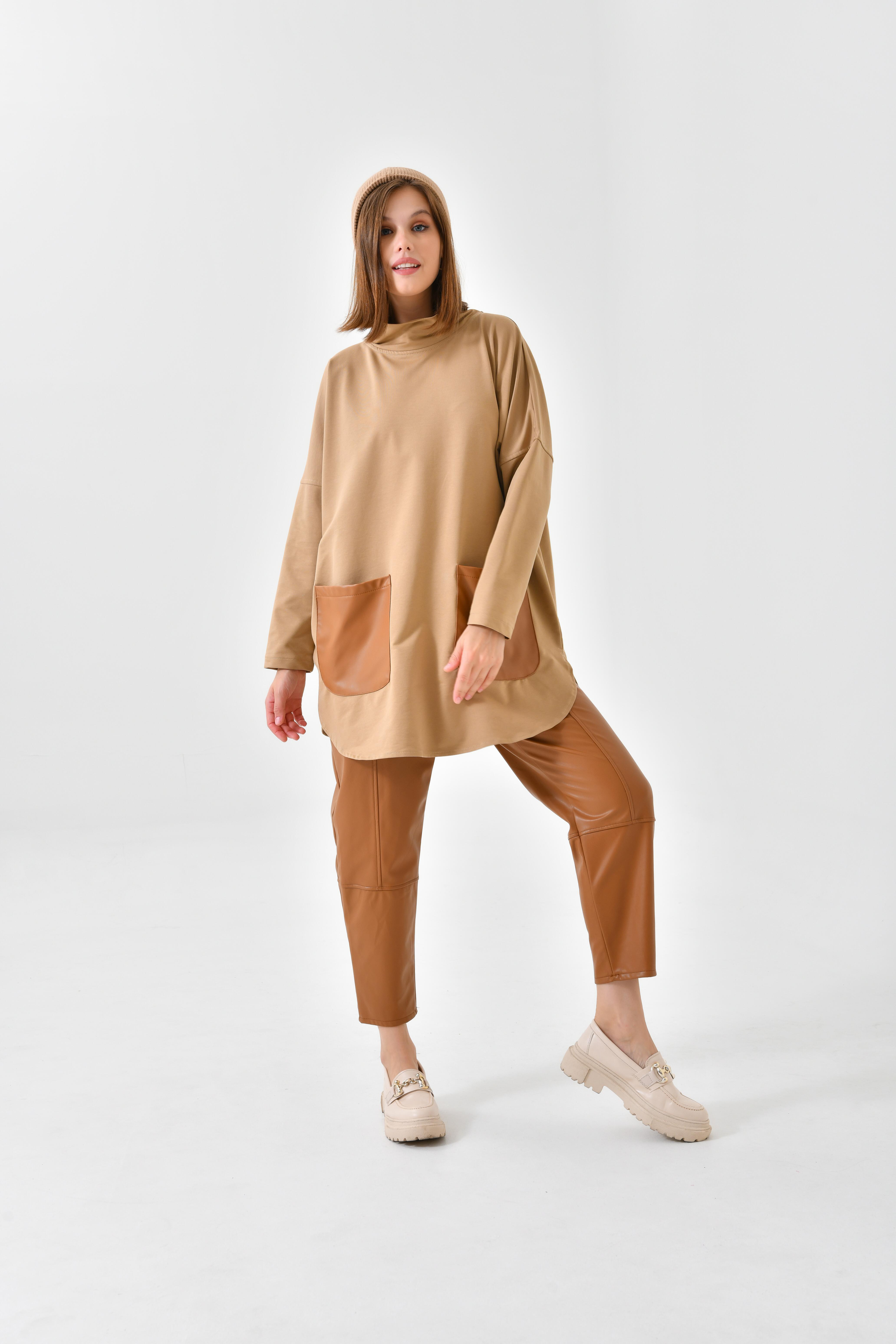 Ftz Women Kadın Deri Pantolonlu İki İp Takım Beige
