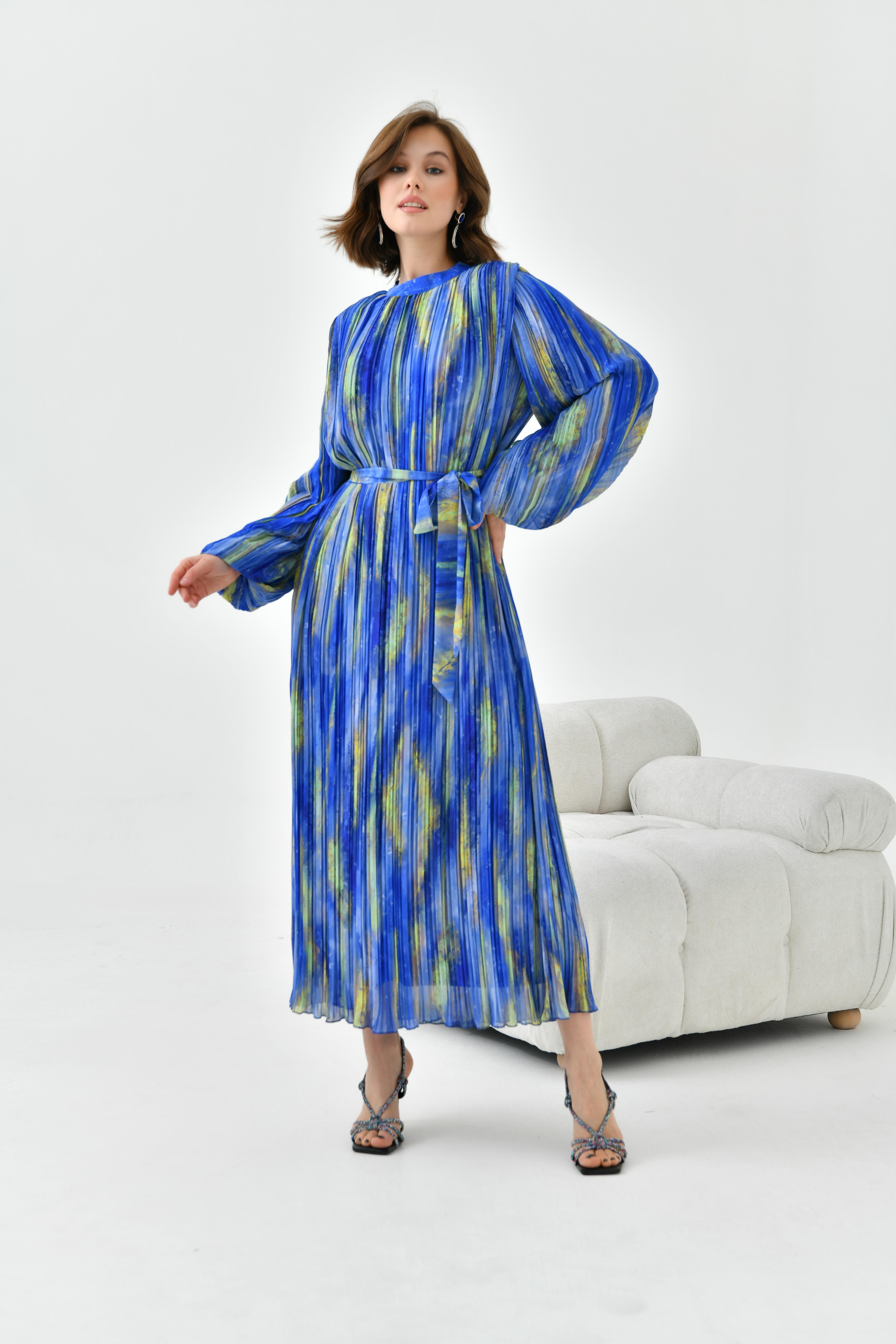 Garmi Kadın Desenli Pliseli Elbise Saks Mavi
