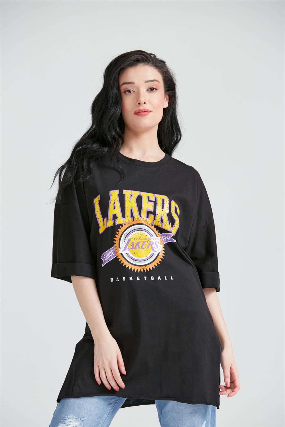Kadın Baskılı Uzun T-Shirt Siyah