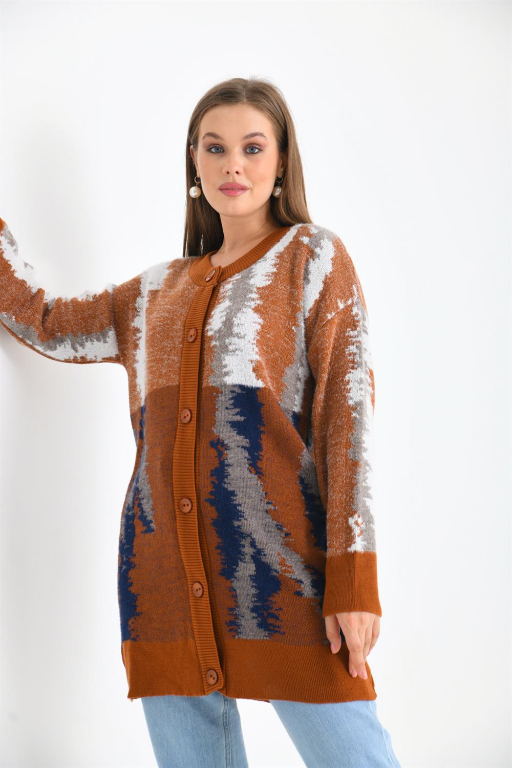 Kadın Batik Desenli Hırka KİREMİT