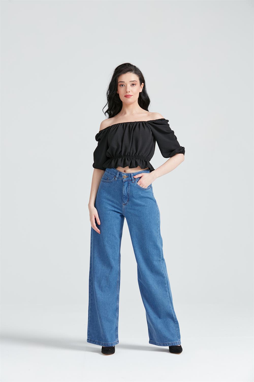 Kadın Bol Paça Wide Leg Jean Pantolon Mavi
