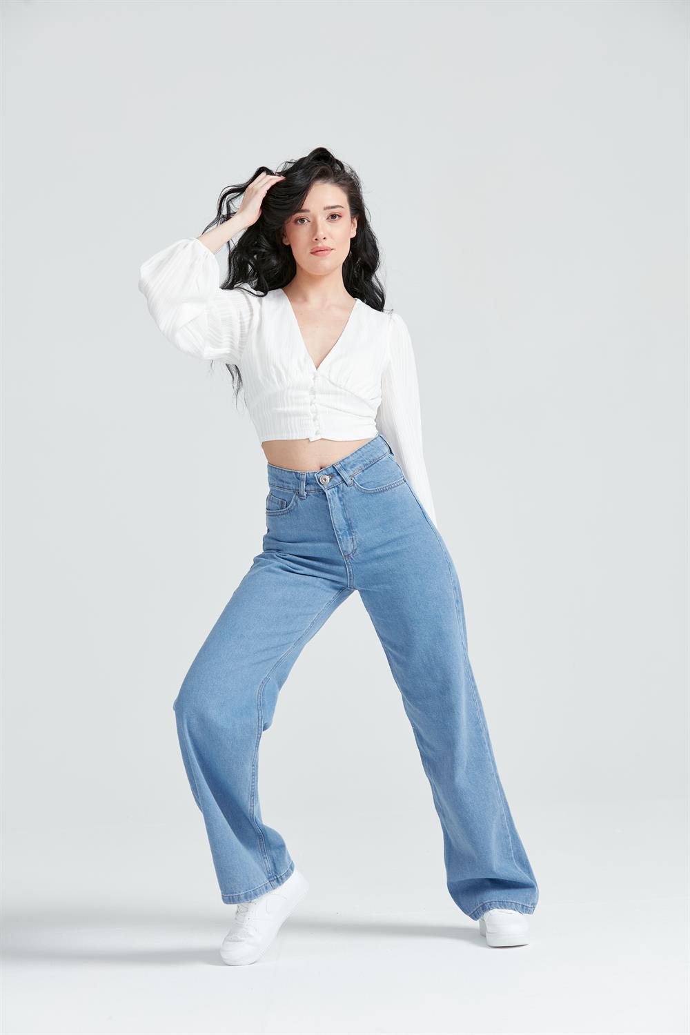 Kadın Bol Paça Wide Leg Jean Pantolon BuzMavi