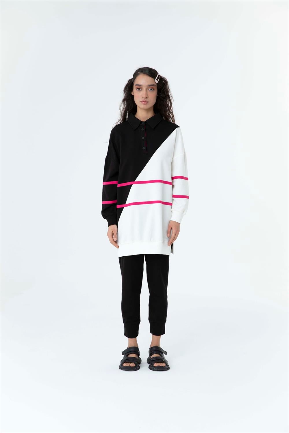 Kadın Çapraz Geçişli Polo Yaka Sweat Tunik Siyah-Fujya