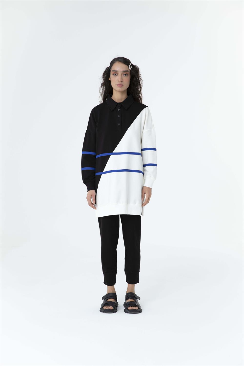 Kadın Çapraz Geçişli Polo Yaka Sweat Tunik Siyah-Sax Mavi