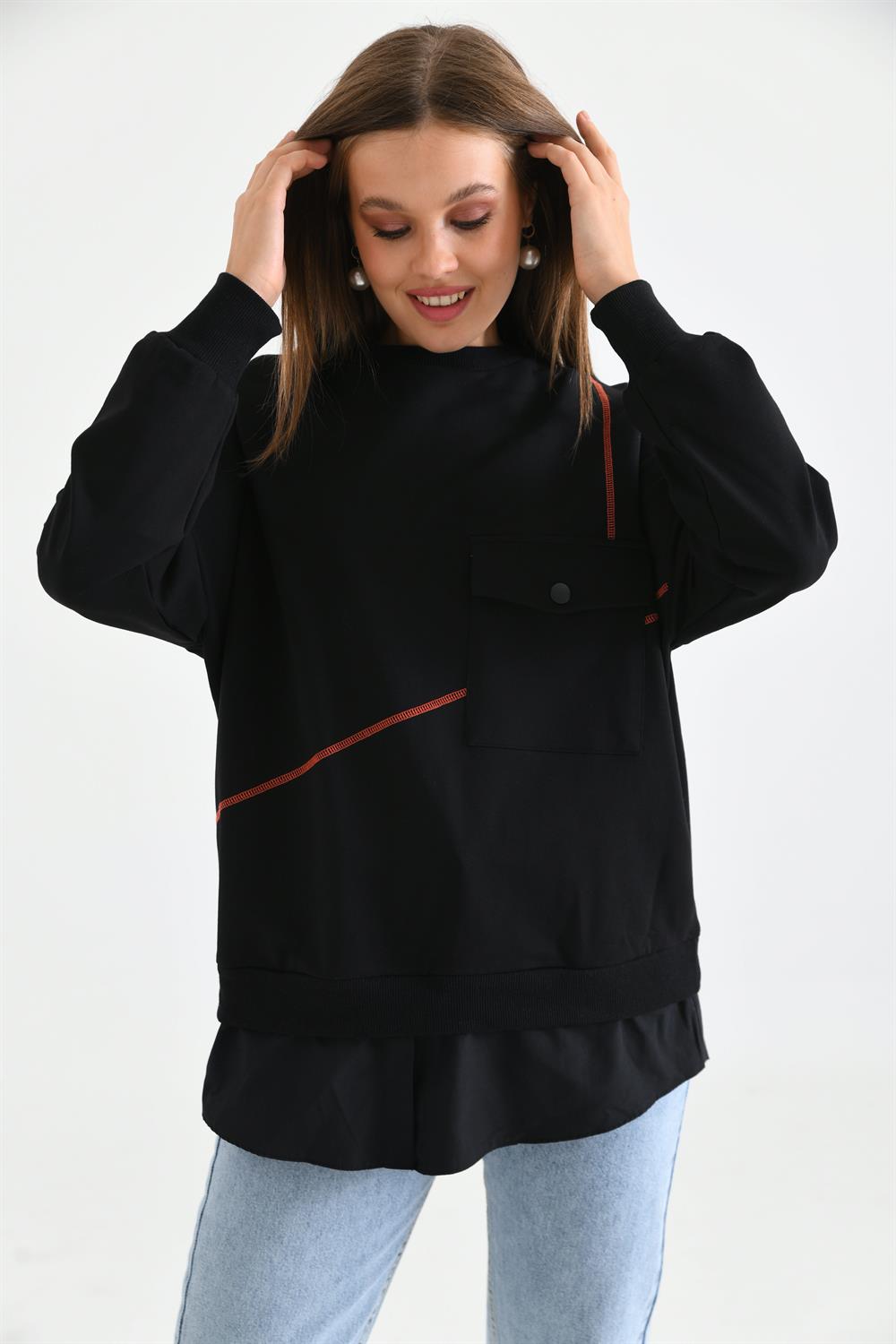 Kadın Cep Detay Sweatshirt SİYAH