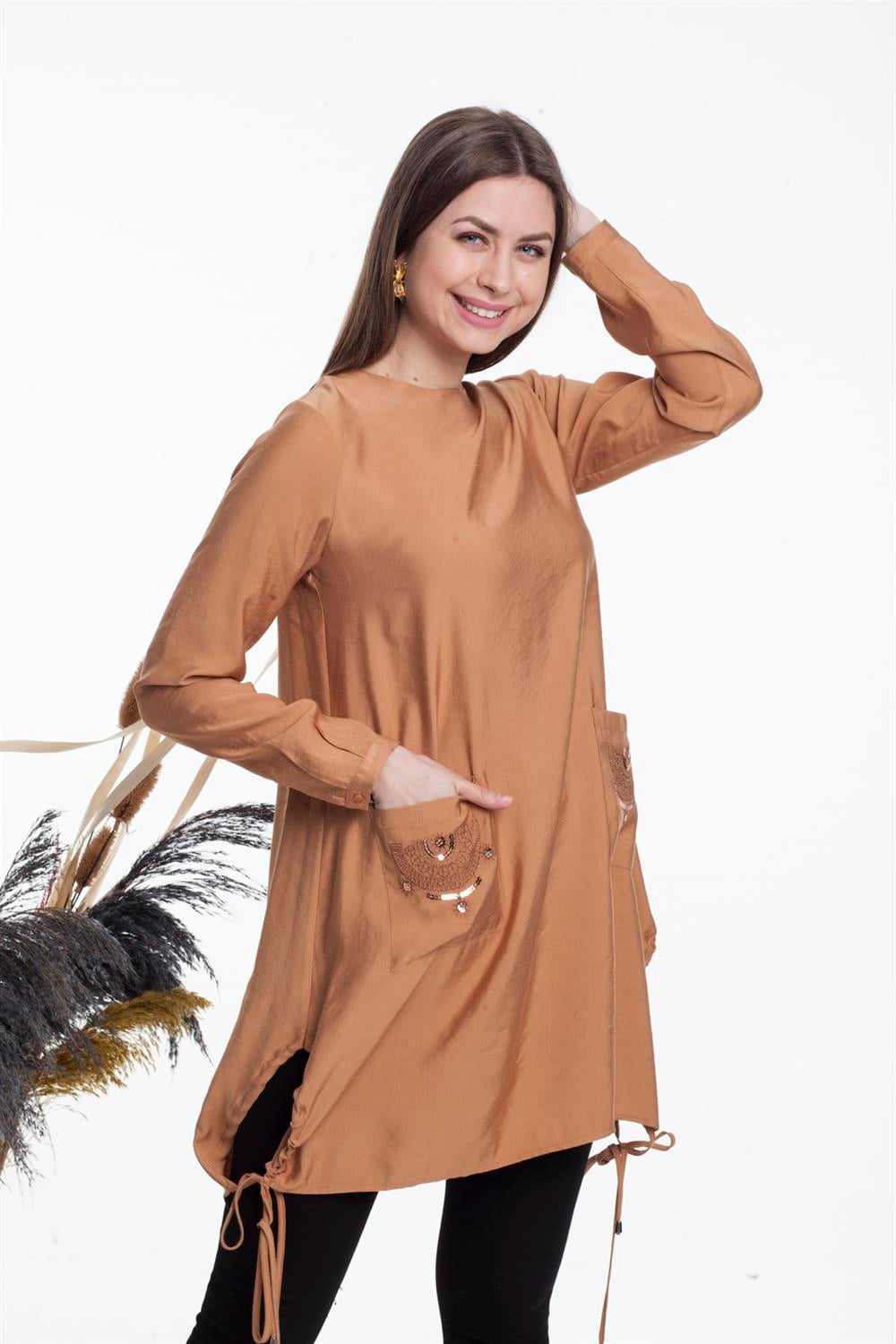 Kadın Cepleri İşlemeli Tunik CAMEL