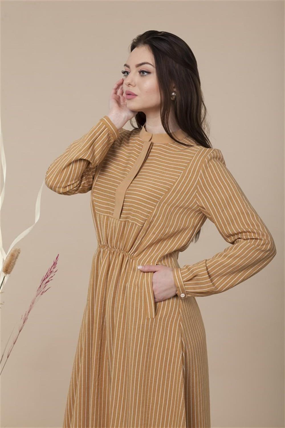 Kadın Çizgi Desen Elbise CAMEL