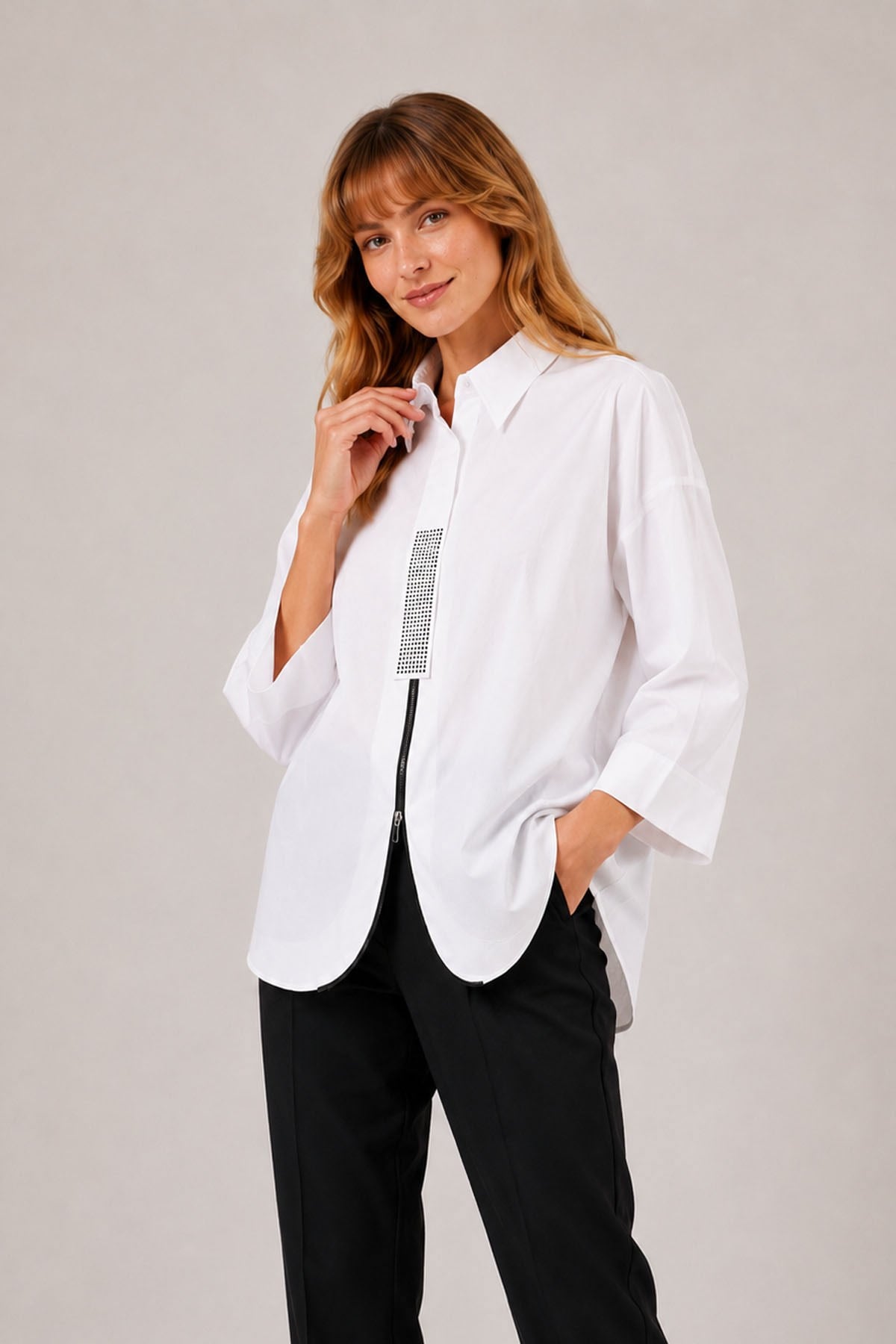 Kadın Cotton Taşli Gömlek Beyaz