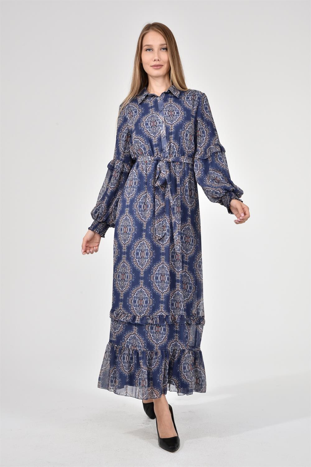 Kadın Desenli Elbise MAVİ