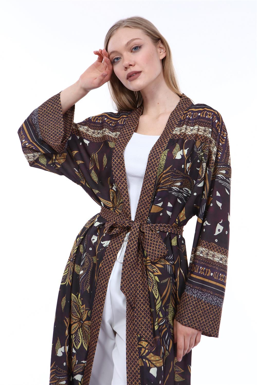 Kadın Desenli Kimono KAHVE