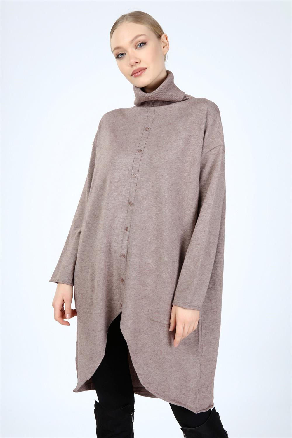Kadın Düğme Detay Boğazlı Tunik BEIGE
