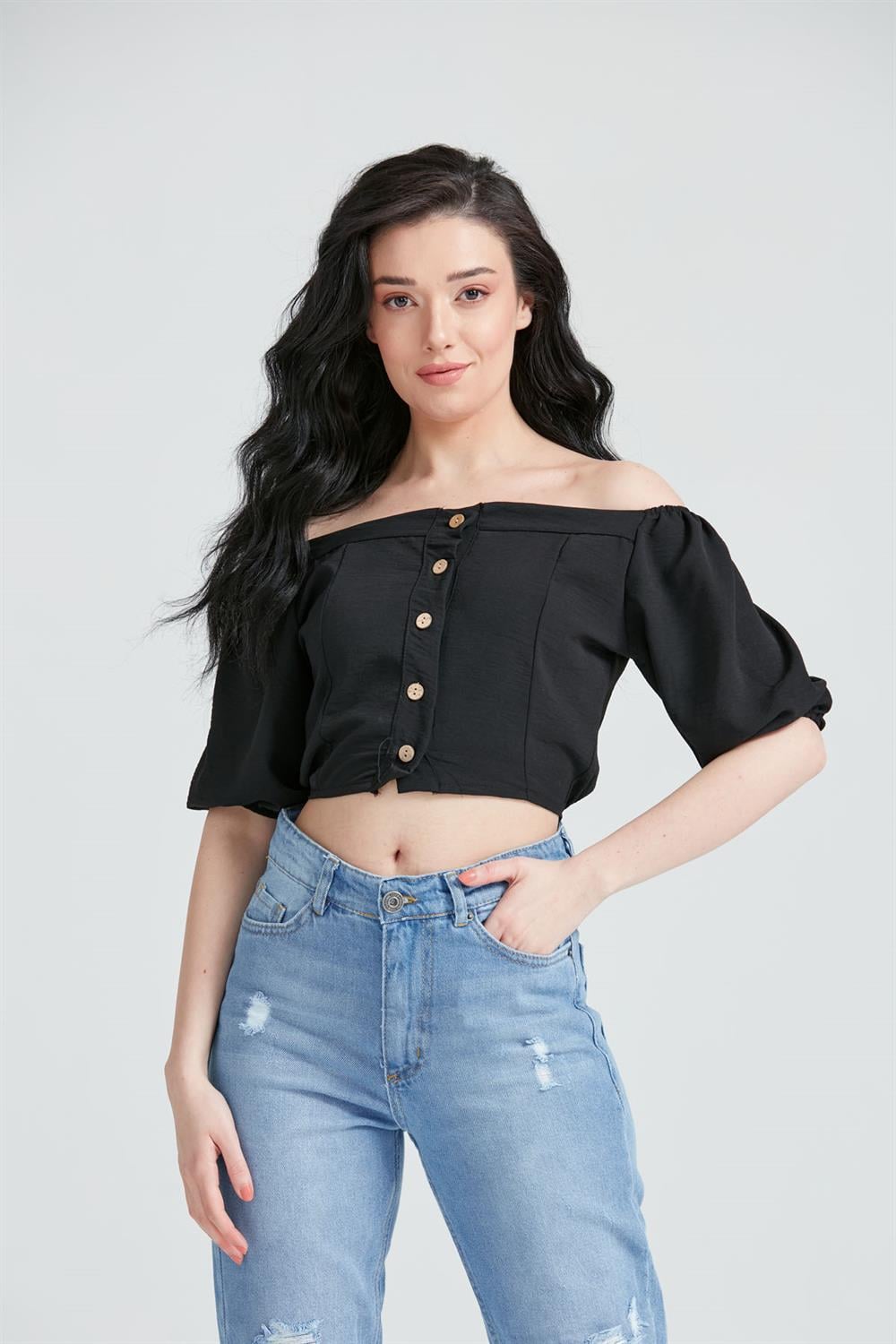 Kadın Düğme Detaylı Gömlek Crop Bluz Siyah
